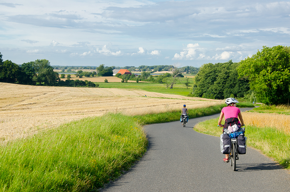 Groupp of  cycle tourist on the scenic countryside road in Denma