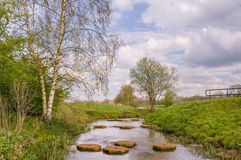Landscape with steppjng stones in the river Regge in the Netherl